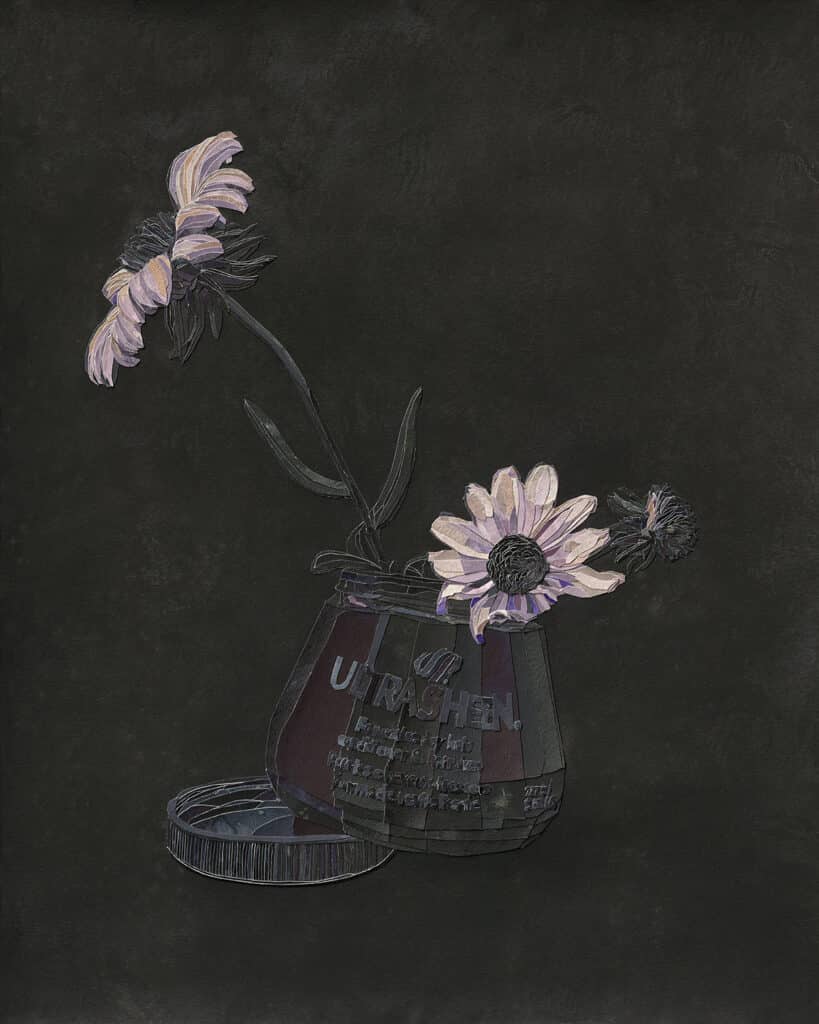 collage art of flowers in a jar in shades of black, pink, and lavender on a black background YoYo Lander. Untitled Flower Collage #1. 2023. Private Collection