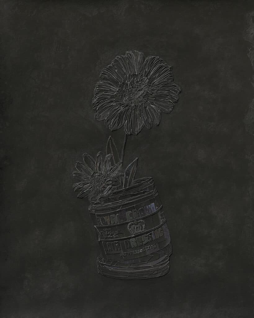 collage art of flowers in a jar in shades of black on a black background by YoYo Lander. Untitled Flower Collage #4. 2023. Private Collection