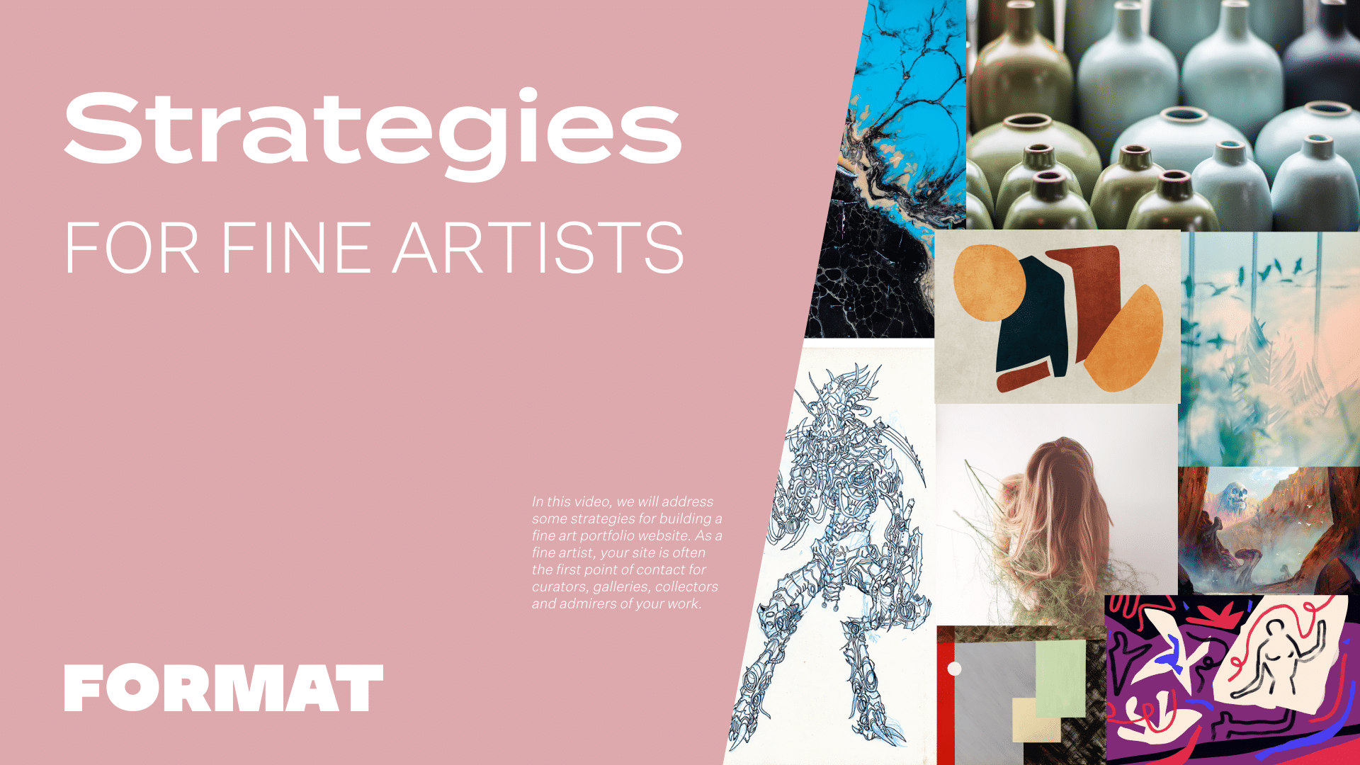 O texto na imagem diz "Strategies for Fine Artists" (Estratégias para artistas plásticos) e mostra vasos de cerâmica